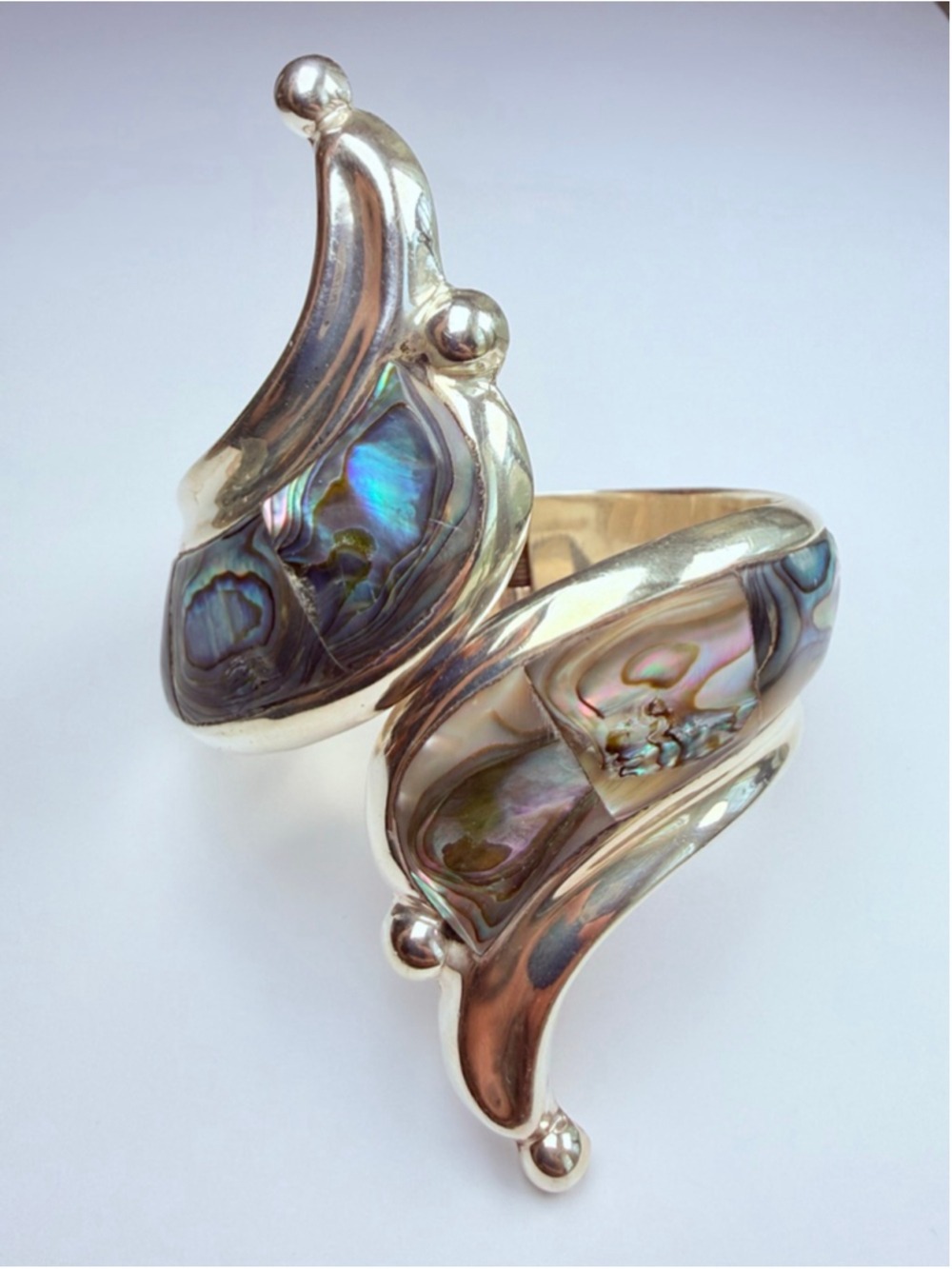 Taxco Massive Modernist Abalone Ornate Sterling Silver Clamper Cuff VTG Bracelet - Picture 4 of 13